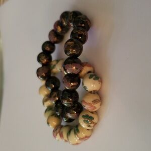 Ceramic Beaded Stretchy Bracelet Set 2 Pcs - Cream and Brown
